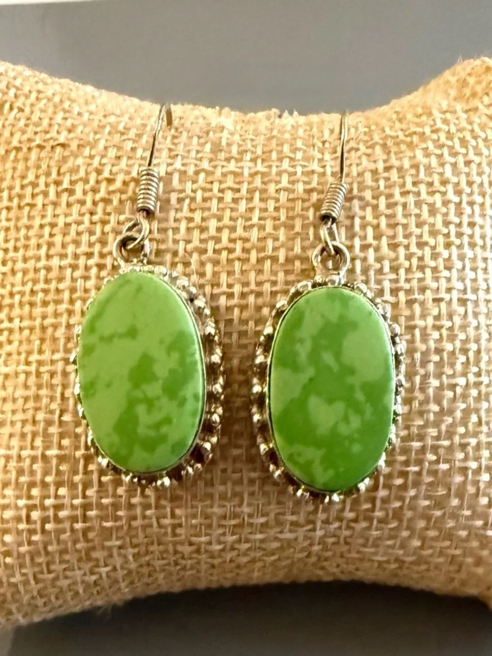 Vintage Southwestern Sterling Silver Green Gemstone Dangle Hook Earrings 925